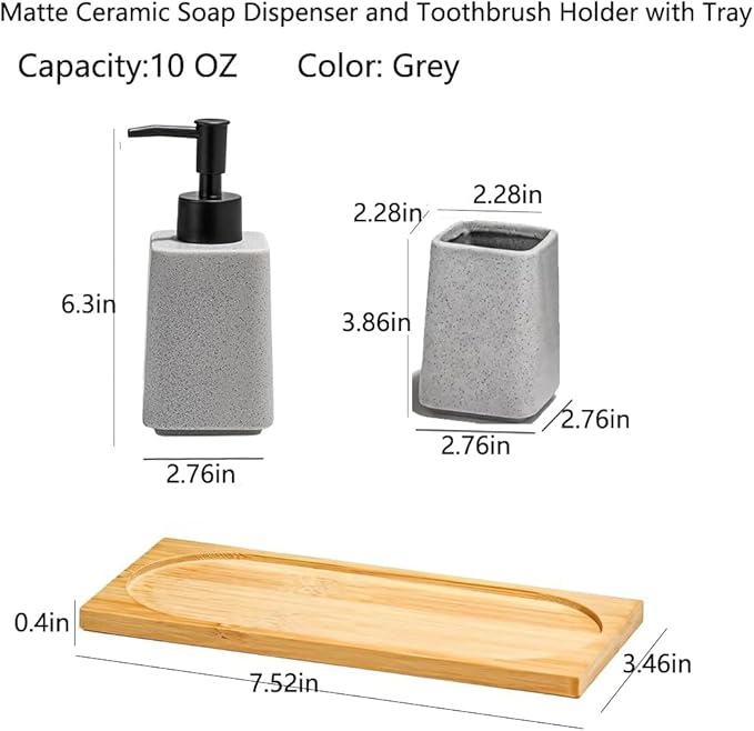 Grey Ceramic Bathroom Accessories Set,Soap Dispenser and Toothbrush Holder with Wooden Tray,Countertop Organizer for Stylish Bathroom