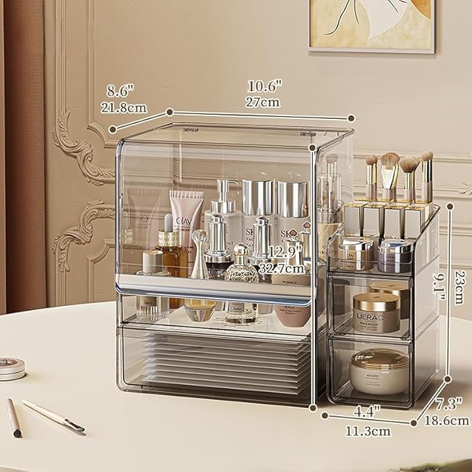 Makeup Organizer with Lid Drawers Translucent Skincare Holder Large Capacity Cosmetics Countertop Storage Box for Vanity Easy Visibility Dustproof (Silver Dark,Large + Brush Holder)