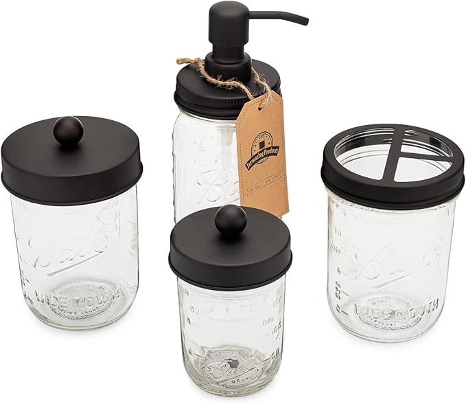 Jarmazing Products Ball Mason Jar Bathroom Gift Set (4 pcs) - Lotion/Soap Dispenser, Toothbrush Holder, Q-Tip Storage Jars - Farmhouse Home Decor for Vanity Organization - Luxury Accessories - Black
