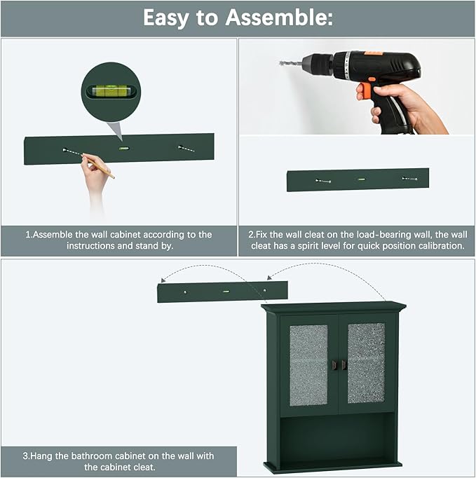 Bathroom Cabinet Wall Mount, Medicine Cabinet Over Toilet Storage Cabinet with Glass Door Build-in Spirit Level Cupboard Hanging Storage for Bathroom Laundry Kitchen Living Room (Forest Green)