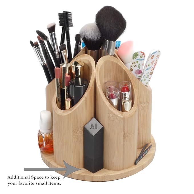 MobileVision Bamboo Circular Rotating Makeup Organizer, 5 Sections for Cosmetic Brushes, Lipsticks, Eye Liners, Accessories, Beauty Products & More