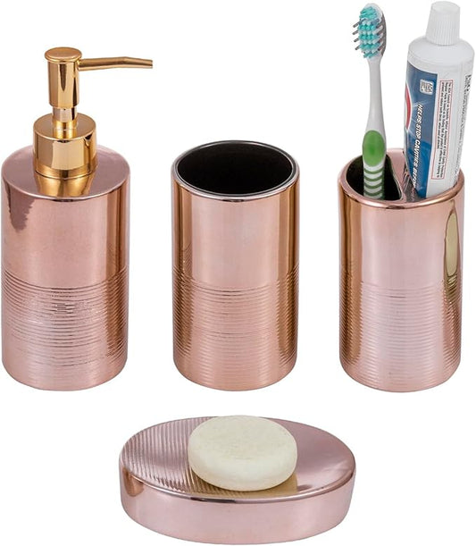 MyGift 4 Pcs Ceramic Bathroom Accessories Set, Toothbrush Holder with Lotion Soap Dispenser, Soap Dish, Tumbler, Pink Bathroom Set for Girl, Rose Gold Bathroom Decor