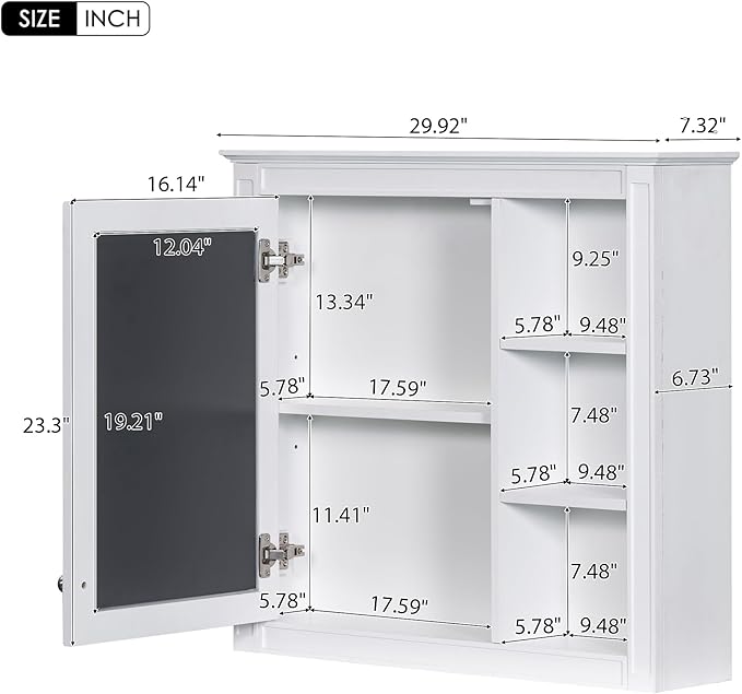 Merax Bathroom Medicine Cabinet with Mirror, 30" x 28" Wall Mounted Medicine Cabinet with Single Door and Shelves, Over The Toilet Mirrored Bathroom Storage Wall Cabinet