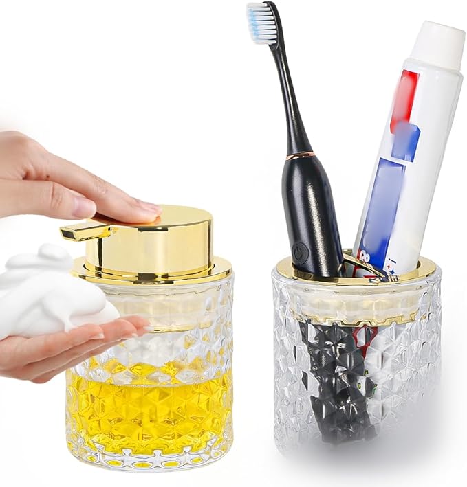 Bathroom Accessories Set 2pcs Glass Foaming Soap Dispenser and Toothbrush Holder for Bathroom Countertop, Clear Glass Bathroom Assessory Set with Gold Decor