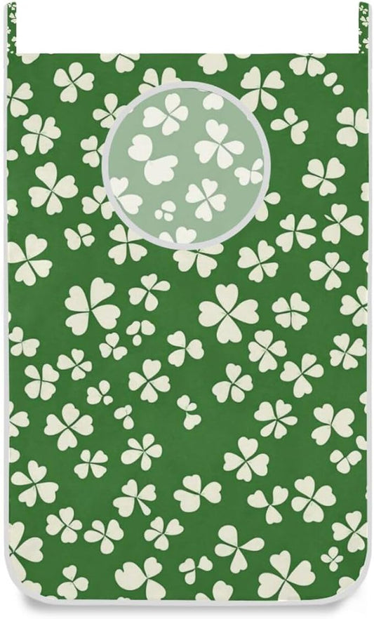 St. Patrick's Day Clovers Green Door Hanging Laundry Hamper Bag with Free Adjustable Stainless Steel Hooks Dirty Clothes Hamper Extra Large Over the Door Laundry Hamper 29.5X20inch 1 PCS
