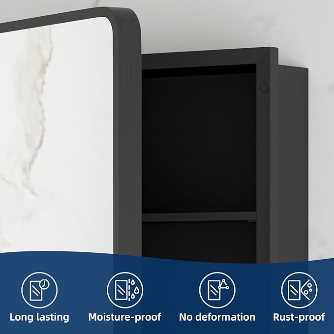 Bathroom Medicine Cabinet with Mirror 16 x 24 Inch, Black Medicine Cabinet Recessed or Surface Wall-Mounted, Mirrored Cabinets with 2 Adjustable Shelves for Bathroom Vanity