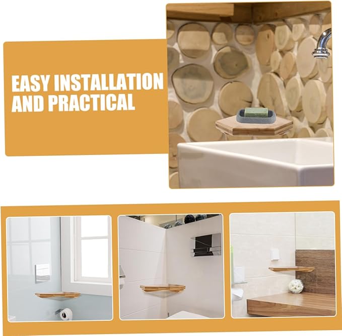 ULTECHNOVO 2pcs Wall Mounted Corner Shelves Rustic Bamboo Floating Shelves for Bathroom Kitchen Living Room Storage Easy Install Triangular Design