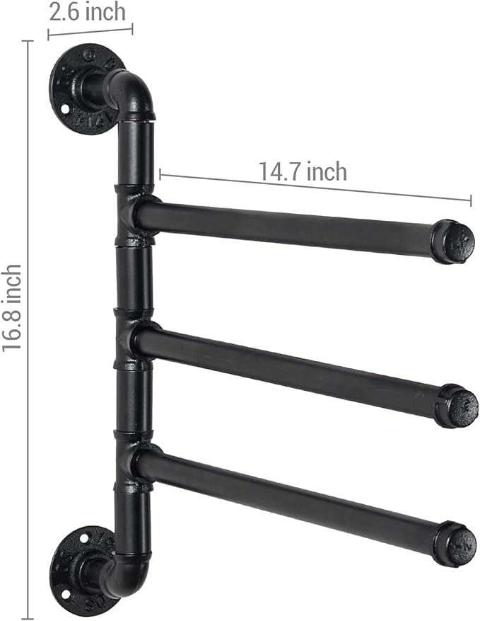 MyGift 3 Tier Swivel Towel Rack, Wall Mounted Bathroom Bath Towel Bar, Hanging Hand Towel Holder, Black Metal Industrial Pipe Design