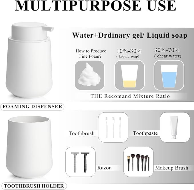 Matte White Bathroom Accessories Set Plastic Foaming Hand Soap Dispenser and Toothbrush Holders 2 Piece