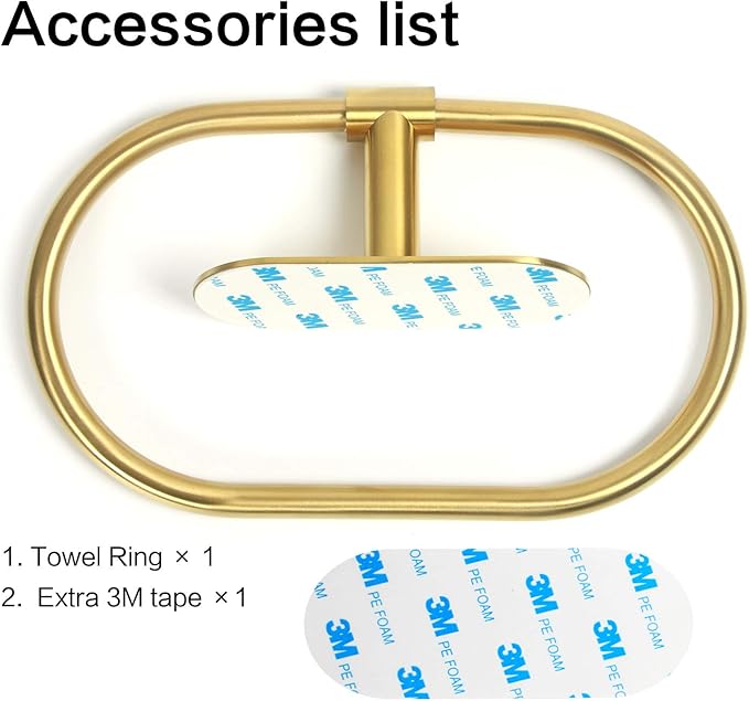 HouseAid Self Adhesive Towel Ring for Bathroom, Stainless Steel Adhesive Hand Towel Holder, No Drilling Modern Hand Towel Hanger, Brushed Gold