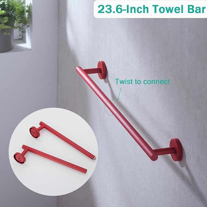 Red Bathroom Accessories Set,5 Pieces Bathroom Hardware Set,24 inch Towel Bar,Towel Ring for Bathroom,Robe Towel Hooks,Toilet Paper Holder Wall Mounted(Drilling),SE96006S-5RED