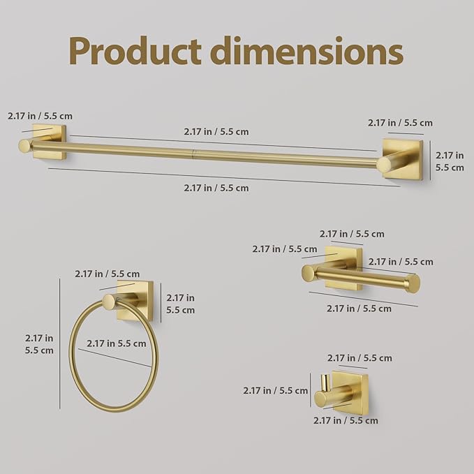 Bathroom Accessories Set Brushed Gold Towel bar Set, 4 piece Towel Rack Set Towel bar for Bathroom wall Mounted Durable 24 inch Towel bar Robe Hook Towel Ring Toilet Paper Holder