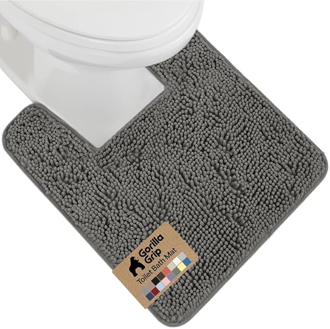 GORILLA GRIP Plush Absorbent Shaggy Chenille Bath Rug Mat for Square Toilet Base with Rubber Backing, Machine Washable Rugs, Soft Microfiber Contour Mats for Toilets, Bathroom Decor, Charcoal