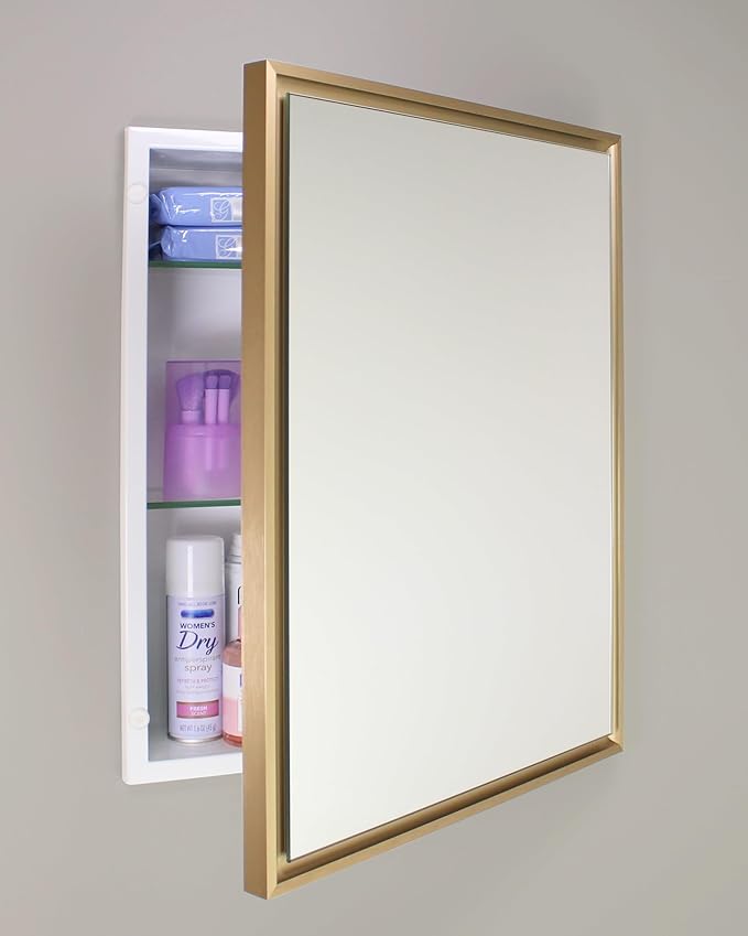 Fox Hollow Furnishings 16x20 Parker Metro Metal Framed Rectangle Recessed Bathroom Medicine Cabinet, Floating Mirror, 14x18 in-Wall Opening, Steel, Adjustable Glass Shelves, Magnet Close, Gold
