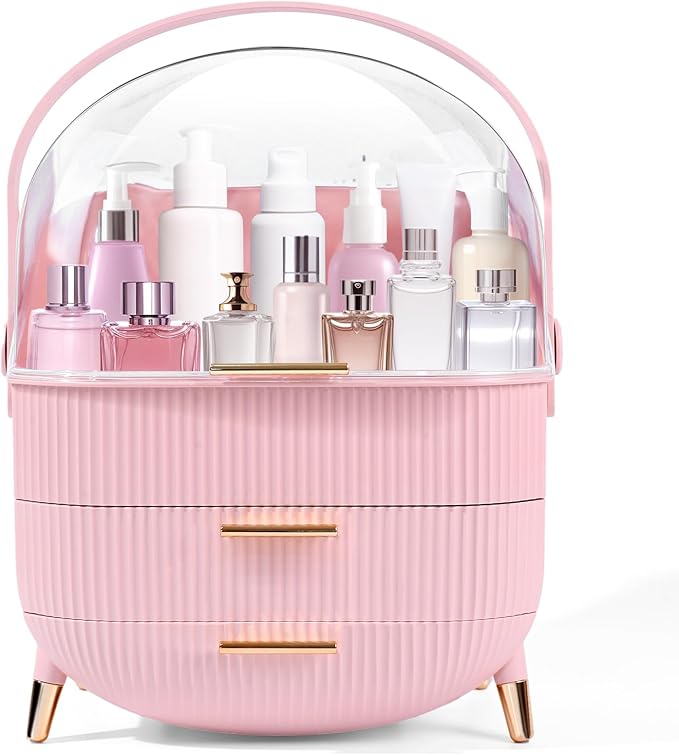 RMAN Makeup Organizer for Vanity Make up and Cosmetics Storage with Lid and Drawers Skincare Organizers Display Cases for Countertop Bathroom Dresser(Pink)