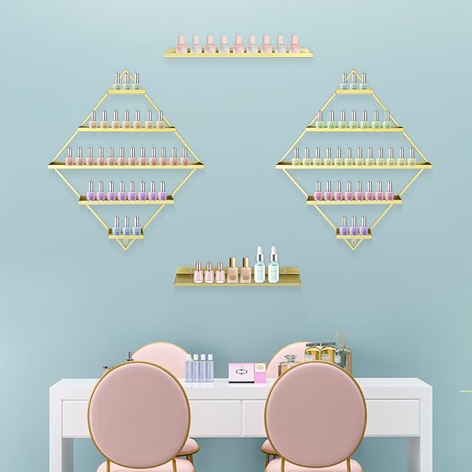 Wall-Mounted Nail Polish Rack, Set of 4 Rhombus Gold Nail Polish Shelf Lipstick Perfume Cosmetic Display Shelf for Home Spa Nail Salon Shop