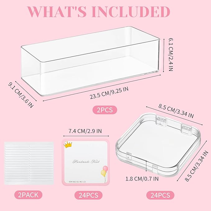 26 PCS Press on Nail Storage Box, 24PCS Small Press on Nail Box and 2 Pack Big Nails Storage Boxes Plastic, Nails Case Containers for Art DIY Jewelry Fishing Tackle, Mini Clear Dimond Storage