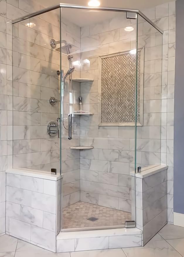 2 pcs Marble Shower Corner Shelf for Bathroom, 9 Inch Gray Veins and Soft White Marble Corner Shelves for Bath Wall Mounted Both Side Polished