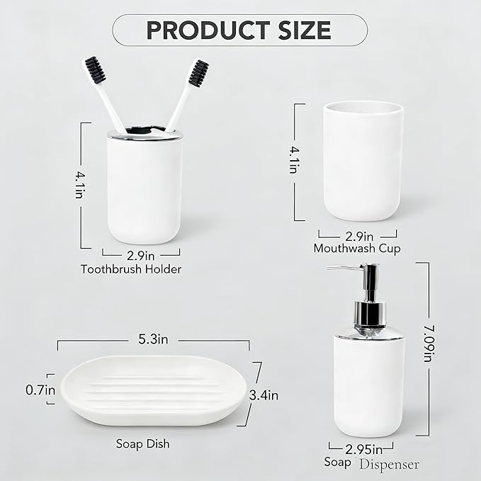 Matte White Bathroom Accessories Set, 4 Piece Plastic Bathroom Toothbrush Holder Set, Include Soap Dispenser, Toothbrush Holder, Rinse Cup, Soap Dish, Boho White Bathroom Decor for Home, Bathroom Set