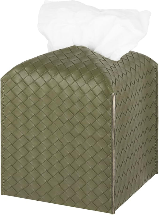 Tissue Box Cover PU Leather Tissue Holder Square Facial Tissue Case Facial Paper Organizer Dispenser for Bathroom, Vanity Countertop, Tabletop, Car, Olive Green