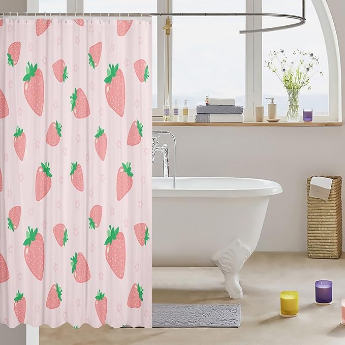 Strawberry Print Bathroom Curtain Kids Girls Kawaii Pink Strawberry Shower Curtain Cute Fruit Bath Curtains for Bathtubs Girl Stalls Decor Lightweight Waterproof Kids Bathroom Accessories 72"x84"