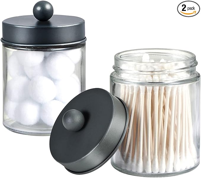 Amolliar Apothecary Jars Bathroom Storage Organizer - Cute Qtip Dispenser Holder Vanity Canister Jar Glass with Lid for Cotton Swabs,Rounds,Bath Salts,Makeup Sponges,Hair Accessories/Grey（2 Pack）