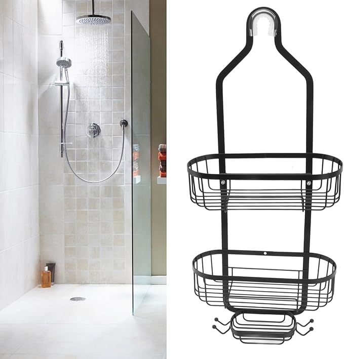 Metal Iron Wall Mounted Bathroom Basket, 2 Layer Punch Free Bathroom Shelves, Rust Storage Basket for Tile and Glass Surfaces, Easy Install Toilet Accessories for Bathroom (Black)