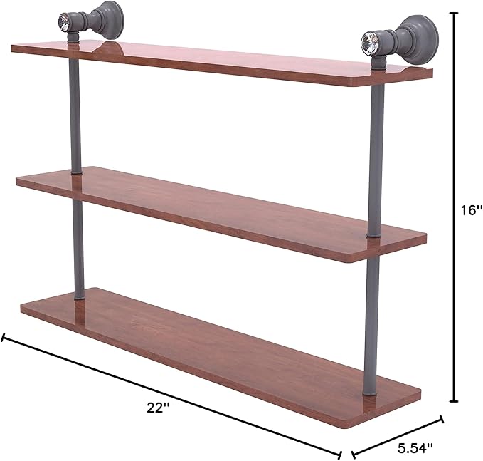 Allied Brass CC-5-22-IRW Carolina Crystal Collection 22 Inch Triple Wood Shelf, Matte Gray