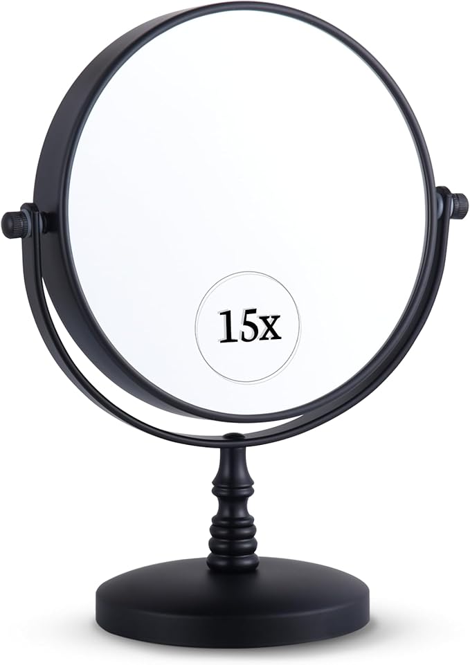 15X Magnifying Tabletop Mirror on Stand - Dual Sided 15x and 1x Cosmetic Mirror for Desk, Dressing Table, Bathroom Countertop - 6" Wide & 9" Tall (Black)