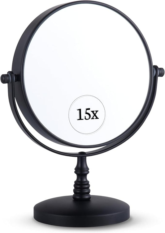 15X Magnifying Tabletop Mirror on Stand - Dual Sided 15x and 1x Cosmetic Mirror for Desk, Dressing Table, Bathroom Countertop - 6" Wide & 9" Tall (Black)