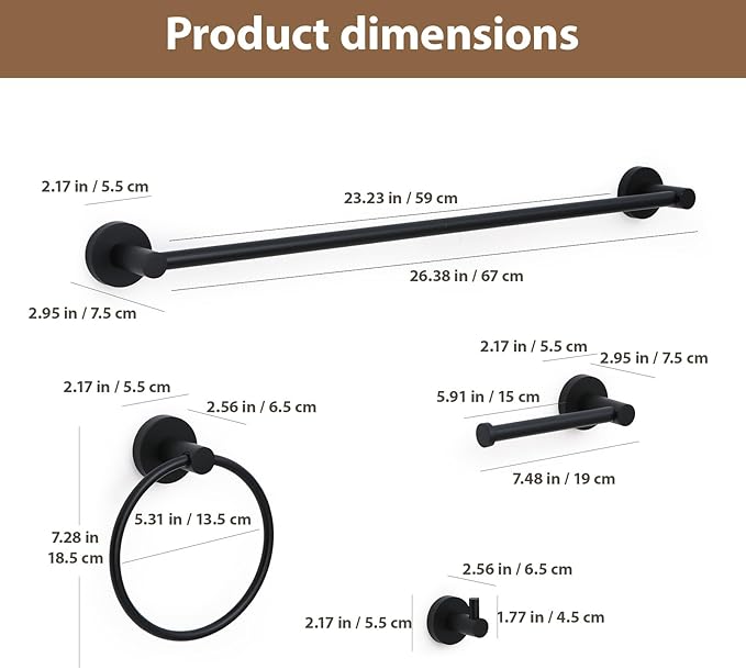 Bathroom Hardware Set 4 Piece – 24 Inch Towel Bar Set,Rustproof Stainless Steel Bathroom Accessories Kit with Towel Ring, Toilet Paper Holder & Robe Hook, Wall Mounted Bathroom Fixtures Set.