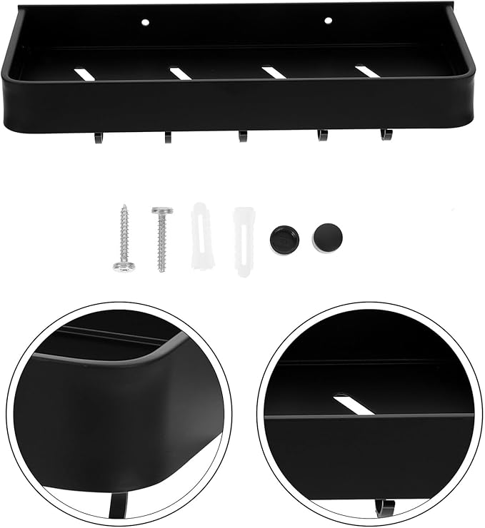 Aluminum Wall-Mounted Bathroom Shelf with Hooks, 30cm Black Floating Storage Rack, No Drilling Bathroom Organizer for Home and Toilet Wall Holder