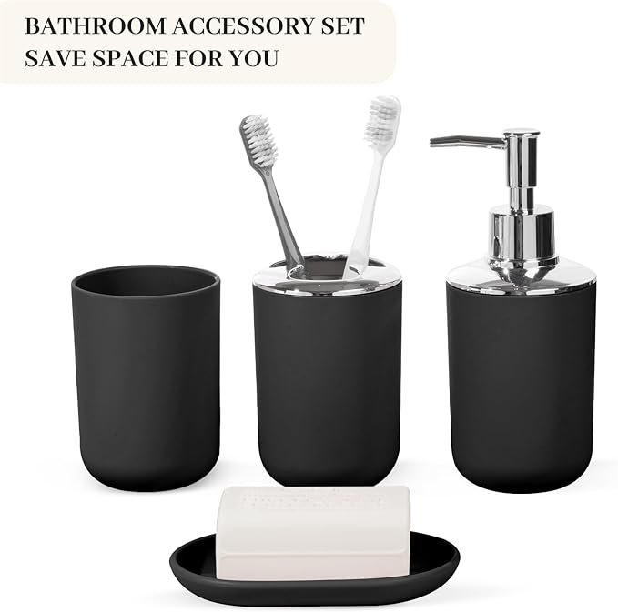 Bathroom Accessory Set, 4 Pcs Plastic Bathroom Set Include Soap Dispenser, Soap Dish, Toothbrush Holder, Mousewash Cup, Modern Bahtroom D??cor Set, Space Save for Bathroom(Black)