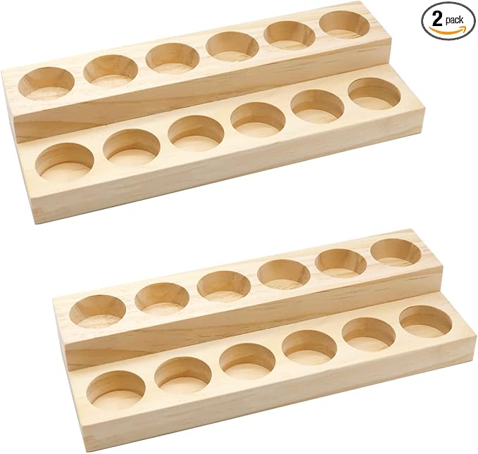 2 Pack 2-Tier Slanted Wooden Essential Oil Organizer - Perfume/Nail Polish Display Stand, Sturdy Space-Saving Countertop Rack for Small Cosmetics & Clear View