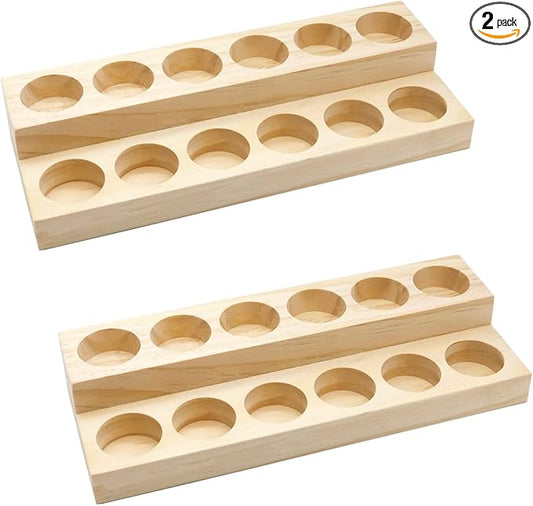 2 Pack 2-Tier Slanted Wooden Essential Oil Organizer - Perfume/Nail Polish Display Stand, Sturdy Space-Saving Countertop Rack for Small Cosmetics & Clear View