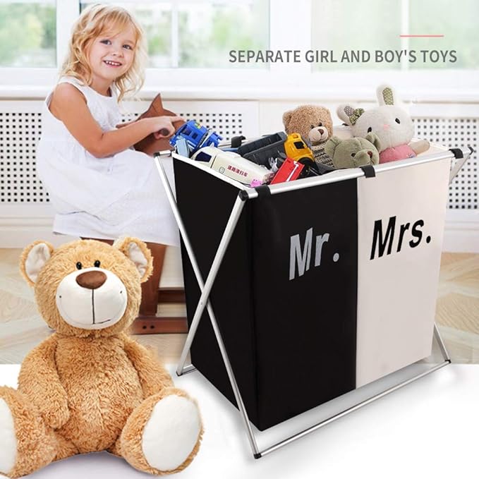 Nicesail Laundry Hamper 2 Section for Husband&Wife Parents or Couple, Clothes Basket Laundry Wedding Gift, Washing Storage Basket with Handle, Waterproof Bag Foldable Aluminum Frame Bathroom Bedroom