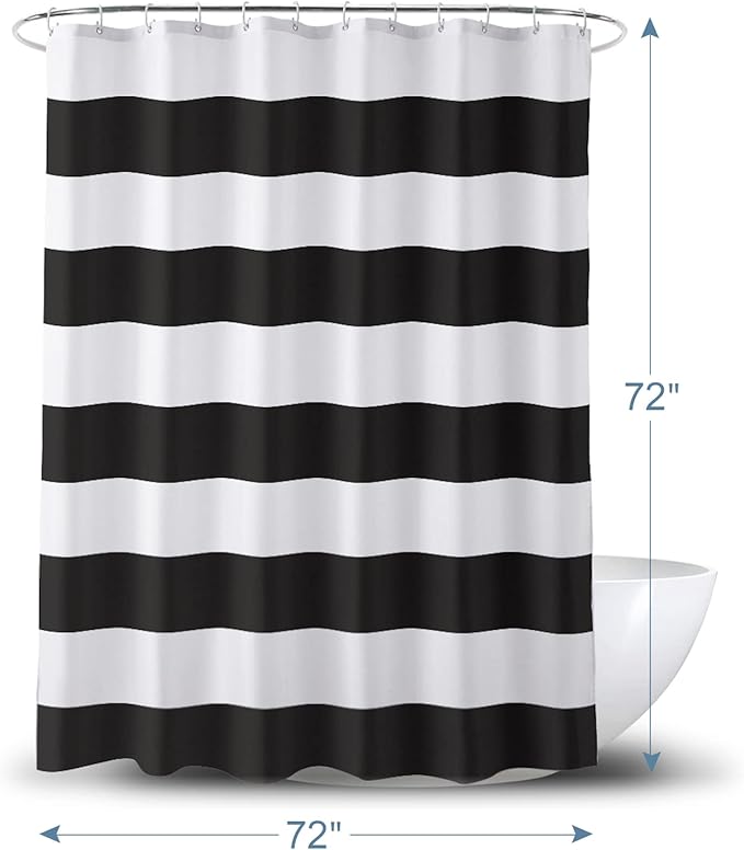 AmazerBath Black and White Shower Curtain Cloth, Striped Shower Curtain Fabric with 2 Heavy Stones, 72" W x 72" H