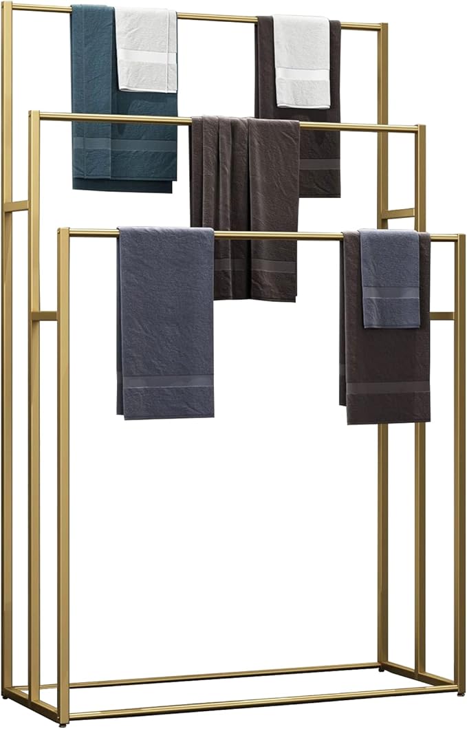 3 Tier Standing Towel Rack - Extra Wide Large Bathroom Towel Stand, Heavy-Duty Metal Towel Drying Rack for Poolside (Matte Gold, 37.4” Wide)