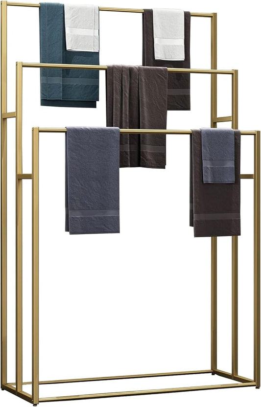 3 Tier Standing Towel Rack - Extra Wide Large Bathroom Towel Stand, Heavy-Duty Metal Towel Drying Rack for Poolside (Matte Gold, 37.4” Wide)