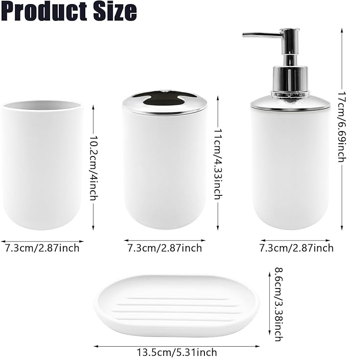 Bathroom Accessory Set, 4 pcs Shatter-Resistant Resin Bathroom Accessories Set Include Lotion Soap Dispenser Toothbrush Holder Soap Dish Modern Bathroom Decor, Gift for Home (White 4pcs)