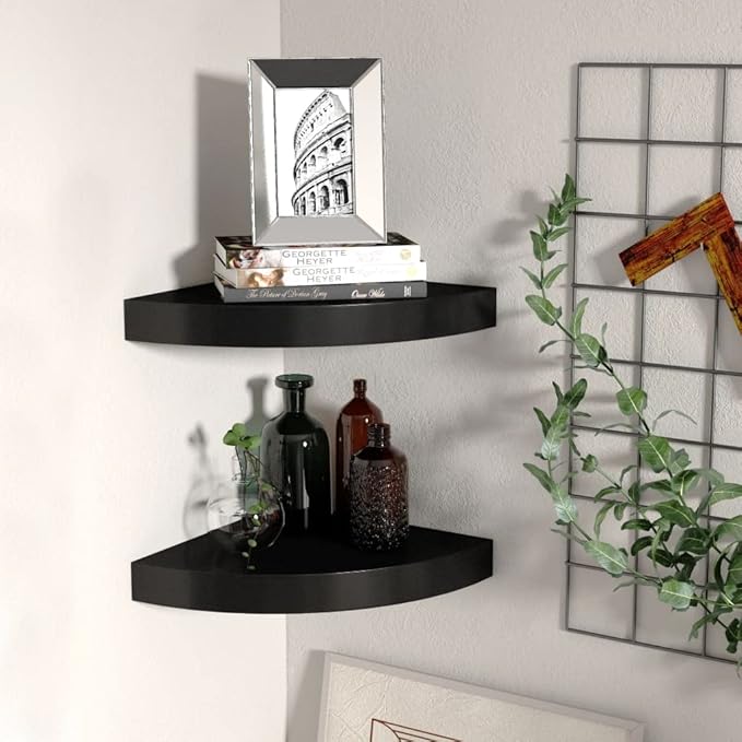 Floating Corner Shelves Set of 2, Black 9.8x9.8x1.5 Inch Wall-Mounted Shelves with Invisible Mounting, Honeycomb MDF & Metal for Bathroom, Bedroom, Living Room Storage & Decor