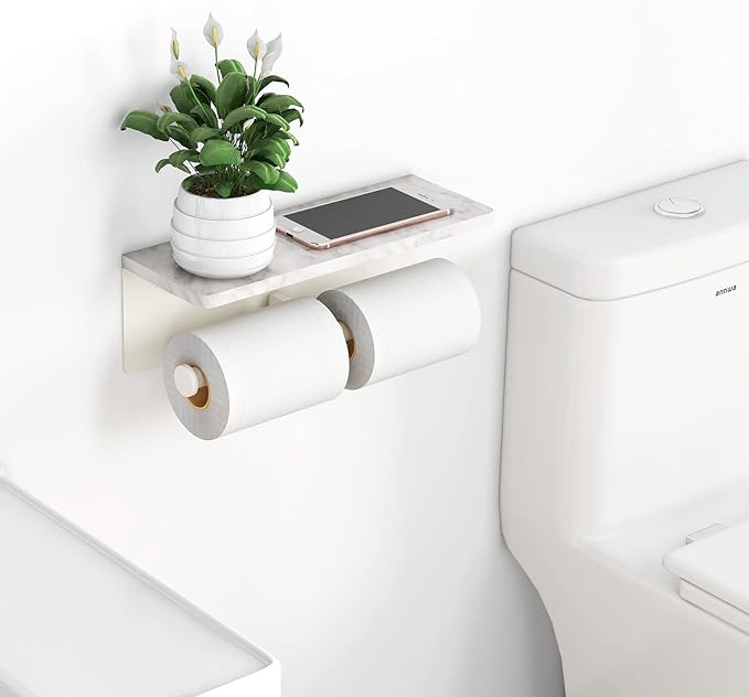 White Toilet Paper Holder with Shelf, New Upgrade Double Toilet Paper Holder with Storage, Marble Roll Toilet Paper Wall Mount for Bathroom Washroom