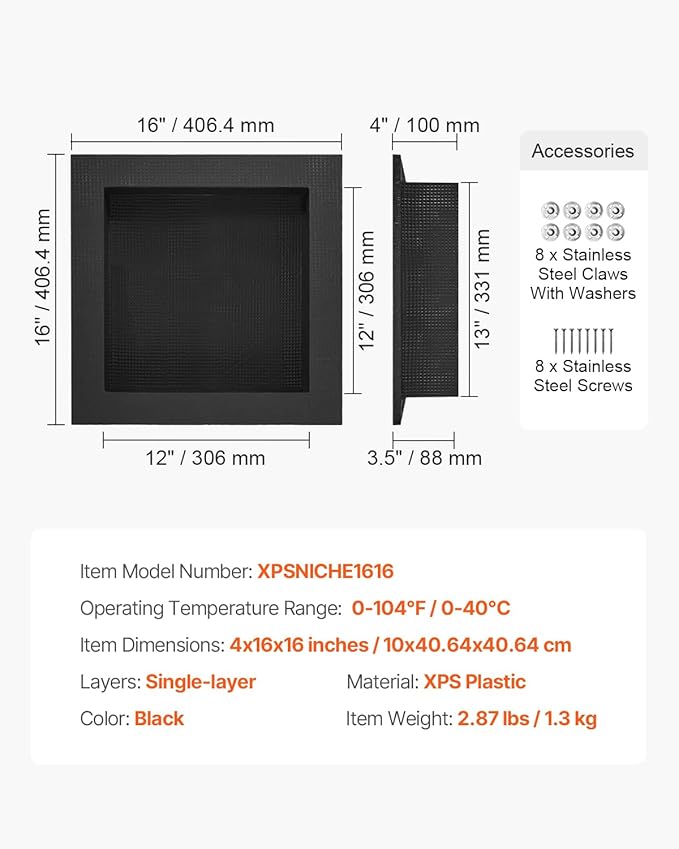 VEVOR Shower Niche,16-Inch Width x 16-Inch Height x 3.5-Inch Depth Single Shelf Organizer,Wall-Inserted Niche Recessed Sealed Protection Modern Soap Storage for Shower Bathroom,Black