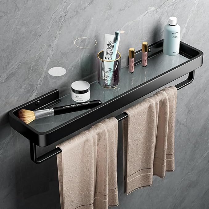 20Inches Bathroom Shelves, Wall Mounted Glass Shelf for Floating Shelf Tempered Glass Shelves 2 Tier Bathroom Wall Organizer(Matte Black)
