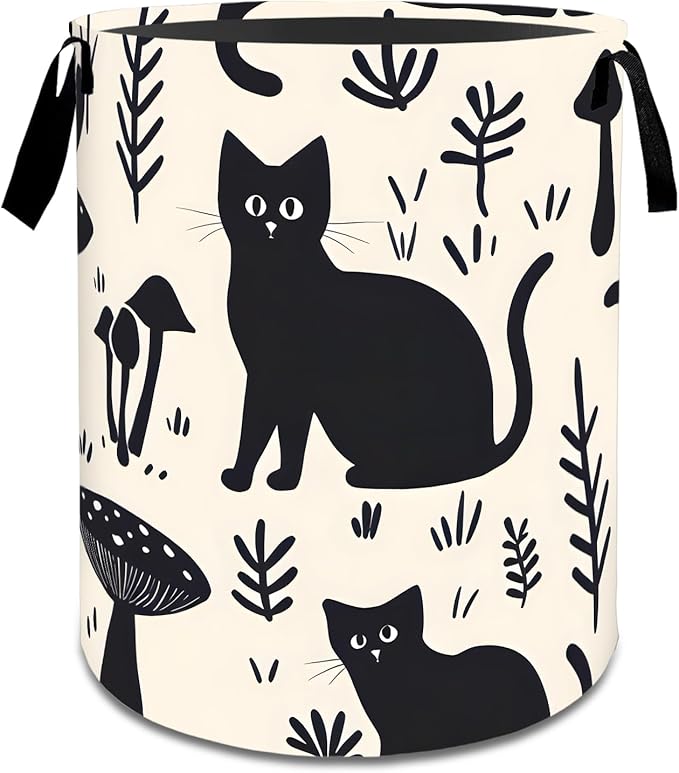 Cute Cat Laundry Basket,Dirty Clothes Hamper,Black Kitten and Mushroom Storage Bin,Pet Lovers Gifts,Foldable Waterproof Oxford Cloth Baskets for Bathroom,Bedroom,Home Decoration(19.7" x 15.8")