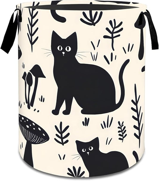 Cute Cat Laundry Basket,Dirty Clothes Hamper,Black Kitten and Mushroom Storage Bin,Pet Lovers Gifts,Foldable Waterproof Oxford Cloth Baskets for Bathroom,Bedroom,Home Decoration(19.7" x 15.8")