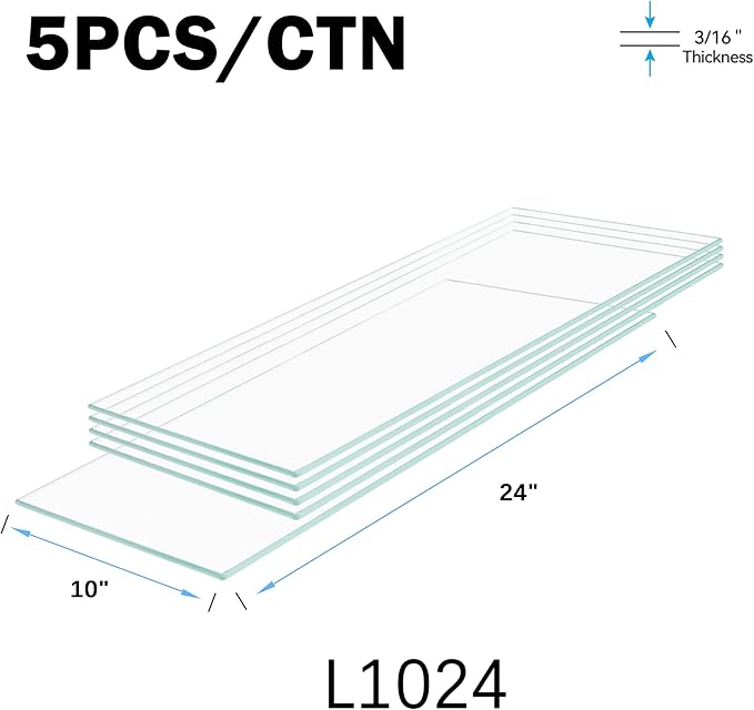10" x 24" 5-PCS Tempered Glass Shelf, Rectangular Frameless Glass Shelves - 3/16" Thick, Suitable for Bookshelves, Display Cases, Retail Fixtures and Tabletops