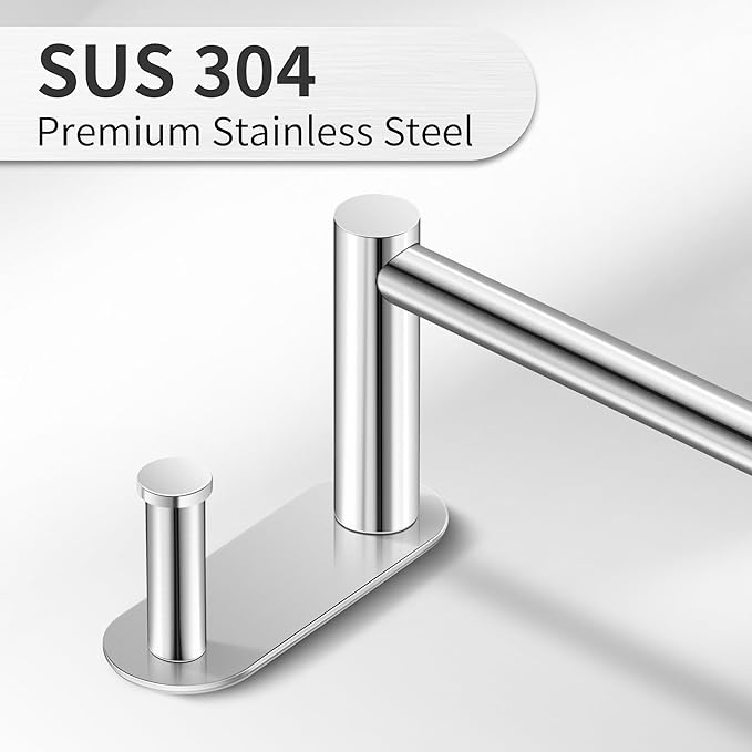 9 Inch Adhesive Towel Bar - Stainless Steel Stick on Towel Rack for Bathroom, No Drilling Towel Holder with 2 Hooks, Brushed Nickel