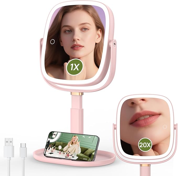 Height Adjustable Lighted Makeup Mirror with Lights and Magnification, 1X 20X Magnifying Mirror with Light 4000mAh Rechargeable, Tray Base and Phone Stand for Desk, Gifts for Women (Pink)