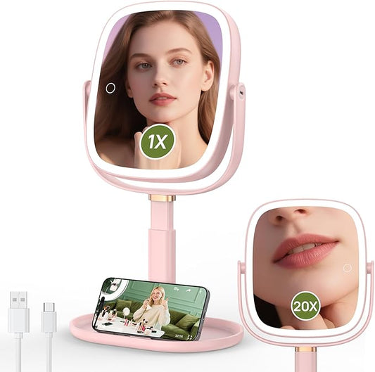 Height Adjustable Lighted Makeup Mirror with Lights and Magnification, 1X 20X Magnifying Mirror with Light 4000mAh Rechargeable, Tray Base and Phone Stand for Desk, Gifts for Women (Pink)
